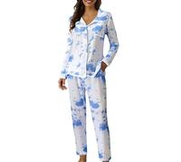 Pigiama da donna in cotone con bottoni, pigiama da donna a maniche lunghe, pigiama da donna in cotone con tasche, comodo abbigliamento da casa classico, biancheria da notte da donna, alla moda, due