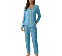 Pigiama da donna in cotone con bottoni, set pigiama da donna a maniche lunghe, 2 pezzi, abbigliamento da salotto con risvolto e bottoni, set pigiama vestibilità ampia, set casual da 2 pezzi, Blu, XXL