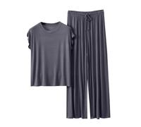 Pigiama da donna in cotone modale, camicia da notte da donna, senza maniche, canotta crop top girocollo pantaloni a gamba larga regolabile con coulisse in vita pullover leggero 2 pezzi casual lounge