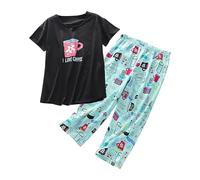 Pigiama da donna in cotone, pigiama a maniche corte stampato a collo rotondo da donna estate in cotone set di pigiami corti vestiti da notte 2 pezzi con maglietta e pantaloni Capri, azzurro, L