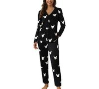 Pigiama da donna in cotone, pigiama con bottoni da donna, lungo, 2 pezzi, a maniche lunghe, con risvolto, set da notte con stampa divertente, due pezzi, comodo abbigliamento da casa, Nero , L