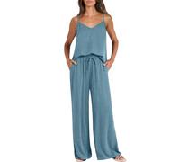 Pigiama da donna in cotone, pigiama senza maniche, con scollo a V e pantaloni a gamba larga con coulisse, super morbido, vestibilità ampia, vestibilità comoda, abbigliamento estivo, blu cielo, S