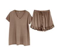 Pigiama da donna in cotone Set di due pezzi Summer Lounge Short Set con scollo a V Pullover a maniche corte e coulisse con volant peplo pantaloncini set comfort traspirante leggero tinta unita