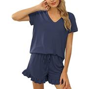 Pigiama da donna in cotone Set di due pezzi Summer Lounge Short Set con scollo a V Pullover a maniche corte e coulisse con volant peplo pantaloncini set comfort traspirante leggero tinta unita