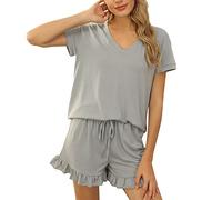 Pigiama da donna in cotone Set di due pezzi Summer Lounge Short Set con scollo a V Pullover a maniche corte e coulisse con volant peplo pantaloncini set comfort traspirante leggero tinta unita