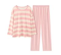 Pigiama da donna in cotone, set pigiama da donna a maniche lunghe, comodo, set da salotto casual alla moda a righe girocollo e pantaloni a gamba larga per primavera, autunno estate, rosa, M