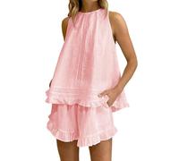 Pigiama da donna in cotone - top senza maniche con volant e pantaloncini - abbigliamento da casa leggero e traspirante per casa estiva, viaggi o indumenti da notte casual, rosa, XXL