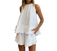Pigiama da donna in cotone - top senza maniche con volant e pantaloncini - abbigliamento da casa leggero e traspirante per casa estiva, viaggi o indumenti da notte casual, bianco, XL
