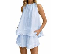 Pigiama da donna in cotone - top senza maniche con volant e pantaloncini - abbigliamento da casa leggero e traspirante per casa estiva, viaggi o indumenti da notte casual, Blu, M