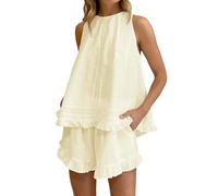 Pigiama da donna in cotone - top senza maniche con volant e pantaloncini - abbigliamento da casa leggero e traspirante per casa estiva, viaggi o indumenti da notte casual, Giallo, L