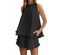 Pigiama da donna in cotone - top senza maniche con volant e pantaloncini - abbigliamento da casa leggero e traspirante per casa estiva, viaggi o indumenti da notte casual, Nero , L