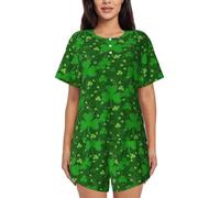 Pigiama da donna in due pezzi con stampa glitterata di San Patrizio,Pigiama estivo a maniche corte con scollo rotondo, abbigliamento casual per la casa, Nero , 4XL