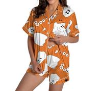 Pigiama da donna in flanella di cotone con stampa grafica in raso carino pigiameria bottoni manica corta top pantaloncini set flanella di cotone pigiama di Halloween per le donne, Arancione, L
