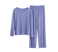 Pigiama da donna in modal 2 pezzi pantaloni a maniche lunghe da donna blu | Set da notte estivo ampio, da donna, in modal di grandi dimensioni, a maniche lunghe, girocollo, pantaloni comodi