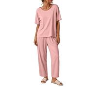 Pigiama da donna in modal a costine, set pigiama a girocollo e pantaloni | Pigiama natalizio in modal traspirante, con elastico in vita, silhouette rilassata, ideale per il riposo al chiuso e per