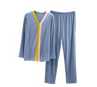 Pigiama da donna in modal a maniche lunghe, da notte, blu navy | Set da notte a maniche lunghe da donna, tuta da notte a maniche corte in modal di grandi dimensioni, pantaloni larghi