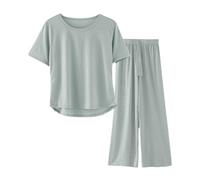 Pigiama da donna in mussola, pigiama lungo, set di biancheria da notte in tinta unita, due pezzi, a maniche corte, vita elasticizzata, per la casa, comodo, per il tempo libero, Soft Lounge Sleep