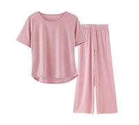 Pigiama da donna in mussola, pigiama lungo, set di biancheria da notte in tinta unita, due pezzi, a maniche corte, vita elasticizzata, per la casa, comodo, per il tempo libero, Soft Lounge Sleep