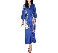 Pigiama da donna in raso con sette maniche, sensazione alla moda, con motivo floreale, accappatoio, abbigliamento loungewear sotto i 10 anni, Blu, Taglia unica