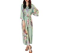 Pigiama da donna in raso con sette maniche, sensazione alla moda, con motivo floreale, accappatoio, abbigliamento loungewear sotto i 10 anni, verde, Taglia unica