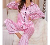 Pigiama da donna in raso con stampa a righe Victoria Autunno Manica lunga Bottoni Risvolto Top e pantaloni Indumenti da notte Comfort Indumenti da notte dalla vestibilità rilassata