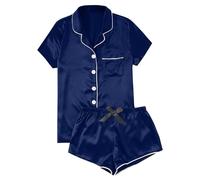 Pigiama da donna in raso, da casa, da donna, 2 pezzi, elegante, set da pigiama in due pezzi, comodo e comodo, per la casa, con risvolto, set di biancheria da notte per partner, Blu marino, S