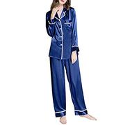 Pigiama da donna in raso, da notte, da donna, a risvolto, in tinta unita, con bottoni, per il tempo libero, 2 pezzi, Blu, XXXXL