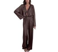 Pigiama da Donna in Raso di Seta 2 Pezzi Pigiama di Seta per Donna, Pigiama Morbido con Top a Maniche Lunghe e Pantaloni,Marrone,S