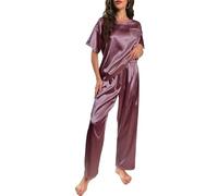 Pigiama da Donna in Raso di Seta, Camicia a Maniche Corte, Top e Pantaloni Lunghi, Pigiama setoso in Due Pezzi-Scuro per Viola-S