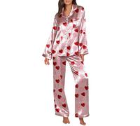 Pigiama da donna in raso per taglie forti - Set da casa da donna in morbida seta lucida camicie da notte con fiocco a cuore carino stampe indumenti da notte con tasche maniche lunghe camicia da notte