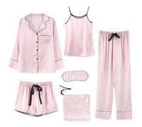 Pigiama da donna in seta con bottoni e bottoni per le donne dolce stampa cuore pigiama set carino comodo loungewear donna gilet pantaloncini, top a maniche lunghe, pantaloni pigiama, maschera per gli