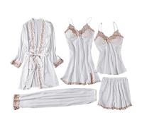Pigiama da donna in seta da donna, pigiama da notte in raso con pizzo floreale, 5 pezzi, vestaglia, camicia da notte senza imbottitura sul petto, ordinare una taglia più grande