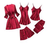 Pigiama da donna in seta da donna, pigiama da notte in raso con pizzo floreale, 5 pezzi, vestaglia, camicia da notte senza imbottitura sul petto, ordinare una taglia più grande