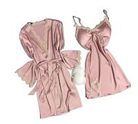 Pigiama da Donna in Seta ghiacciata, 2 Pezzi - Camicia da Notte Leggera e Traspirante per Un Comfort Fresco in Primavera e in Estate (Pink1 Small)