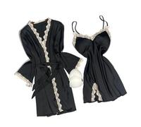 Pigiama da Donna in Seta ghiacciata, 2 Pezzi - Camicia da Notte Leggera e Traspirante per Un Comfort Fresco in Primavera e in Estate (Nero 1 M)