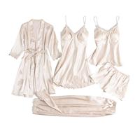 Pigiama da donna in seta, set da 5 pezzi, in raso, set da salotto in pizzo | Set di accappatoi ultra morbidi con bordo in pizzo pantaloncini e pantaloni, camicia da notte camicia da notte estiva carino