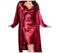 Pigiama da donna in seta sintetica di grandi dimensioni 2025 con un abito ampio femminile Set primavera ed estate casual pigiama da casa, Rosso, XL