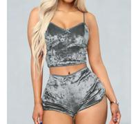 Pigiama da donna in velluto, senza maniche, con scollo a V, 2 pezzi (grigio