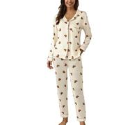 Pigiama da Donna Invernale Pigiami da Donna Casual con Risvolto E Bottoni Due Pezzi A Maniche Lunghe con Stampa Pigiama Seta Sanitario Beige XL