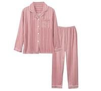 Pigiama da donna lungo con bottoni, biancheria da notte da donna, in cotone, a maniche lunghe, da notte, in due pezzi, per autunno e inverno, per il tempo libero, Vino, XL