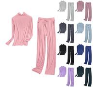 Pigiama da donna lungo con polsini rosa, pigiama da donna, a maniche lunghe, in cotone, a collo alto, elasticizzato, biancheria da notte, in due pezzi, basic homewear leggero, Azzurro, L