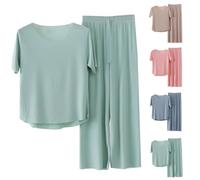 Pigiama da donna lungo estivo, pigiama da donna, a maniche corte, pantaloni lunghi, set di biancheria da notte in due pezzi, morbido, con scollo rotondo, in tinta unita, per il tempo libero, taglie