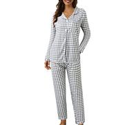 Pigiama da donna lungo in cotone con bottoni - camicia da notte da donna in cotone con bottoni a maniche lunghe e pigiama da notte, grigio., L