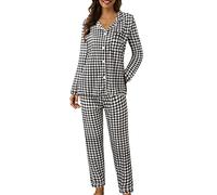 Pigiama da donna lungo in cotone, due pezzi, con scollo a V, a maniche lunghe + pantaloni da pigiama, casual, con bottoni, per il tempo libero, set da notte, Z01nero, XXL