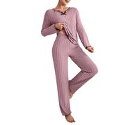 Pigiama da donna lungo in cotone, elegante, 2 pezzi, elegante cotone, loungewear con fiocco, maglia a coste, in due pezzi, con volant, tuta da notte con scollo a V, Lilla, L