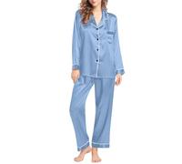 Pigiama da donna, lungo, in cotone, per la casa, per il tempo libero, tinta unita, con bottoni, comodo, in due pezzi, morbido, per l'inverno, per il loungewear, Azzurro, L