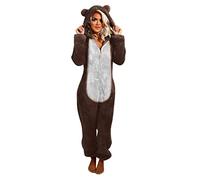Pigiama da donna lungo invernale morbido e morbido pagliaccetto invernale con orsacchiotto in pile, tuta intera Onesie Loungewear pigiama, morbido pagliaccetto con chiusura lampo, caldo, marrone, s