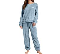 Pigiama da donna lungo invernale - Set pigiama da donna e da uomo, con scollo rotondo, a maniche lunghe, felpa e pantaloni da sonno, morbido e caldo flanella, biancheria da notte termica, L-5XL, Blu