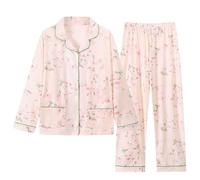 Pigiama da donna, lungo, leggero, a maniche lunghe, set di 2 pezzi, con stampa, casual, per dormire e dormire, elegante, con scollo a V, 2hot rosa, 3XL