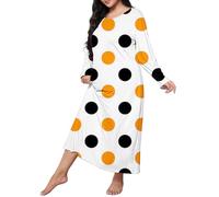 Pigiama da donna, morbido, da notte, lungo, invernale, con scollo rotondo, a maniche lunghe, per la casa, per il tempo libero, con stampa, Colore: arancione., 3XL